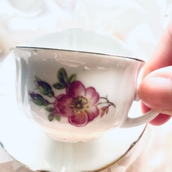 Vintage Small Teacup and Saucer Set | White European Porcelain with Gold Trim - Picture 4 of 15